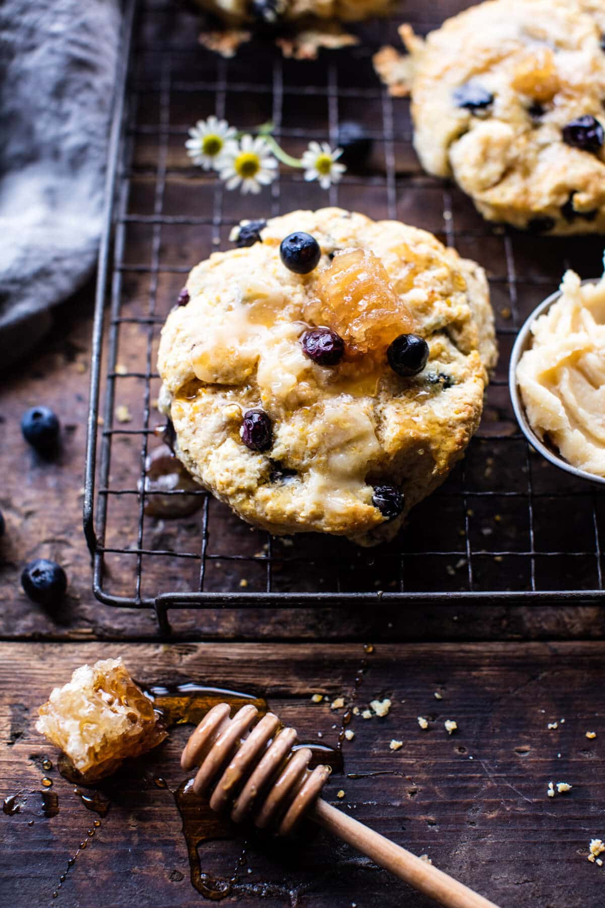 Blueberry Brie Cornbread Biscuits with Honey Butter | @hbharvest