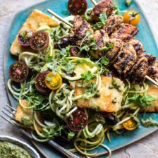 Mediterranean Chicken and Summer Squash Noodles with Fried Halloumi.