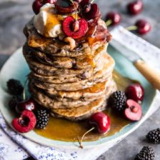 Sweet Cherry Buckwheat Pancakes with Bourbon Butter Syrup + Bacon.