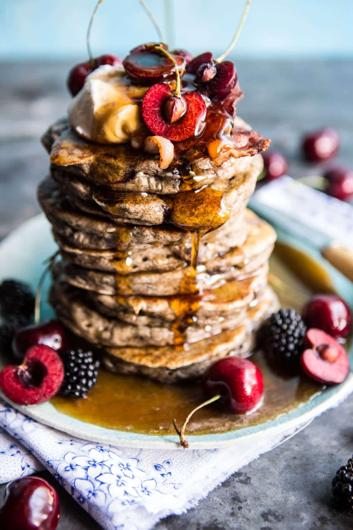 Sweet Cherry Buckwheat Pancakes with Bourbon Butter Syrup + Bacon | halfbakedharvest.com @hbharvest