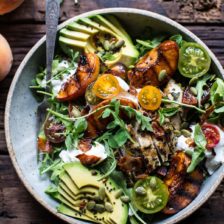 Balsamic Peach Basil Chicken Salad with Crispy Prosciutto.