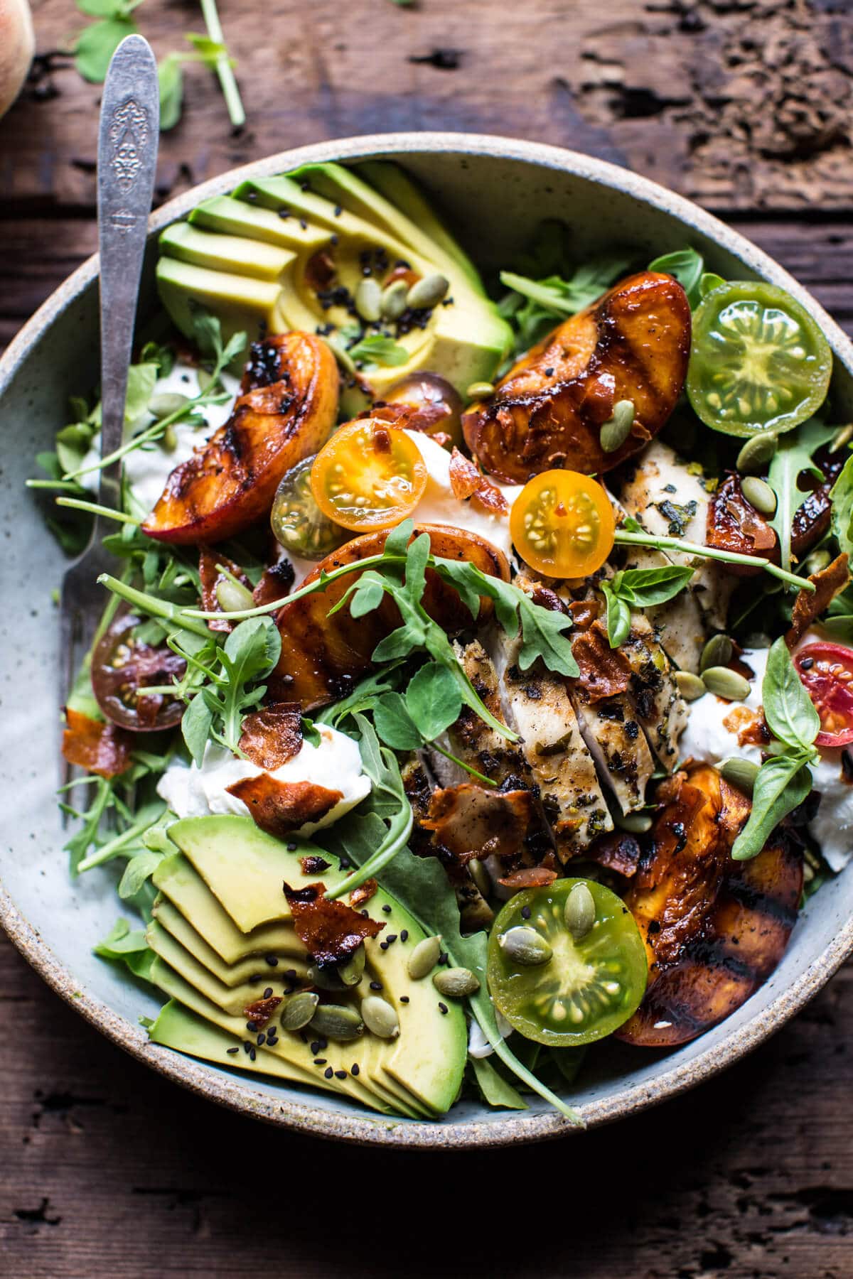 Balsamic Peach Basil Chicken Salad with Crispy Prosciutto | halfbakedharvest.com @hbharvest