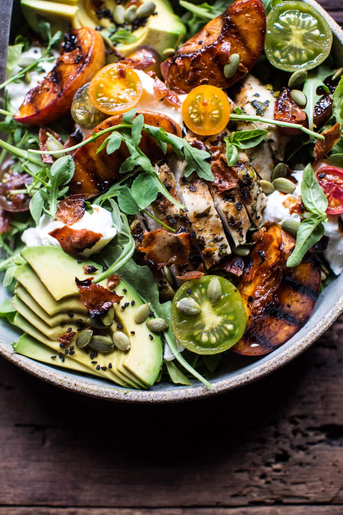 Balsamic Peach Basil Chicken Salad with Crispy Prosciutto | halfbakedharvest.com @hbharvest