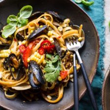 Basil Coconut Curry Pasta with Clams, Mussels and Corn.