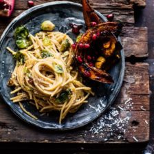 Brussels Sprout Carbonara with Pomegranate Roasted Winter Squash.