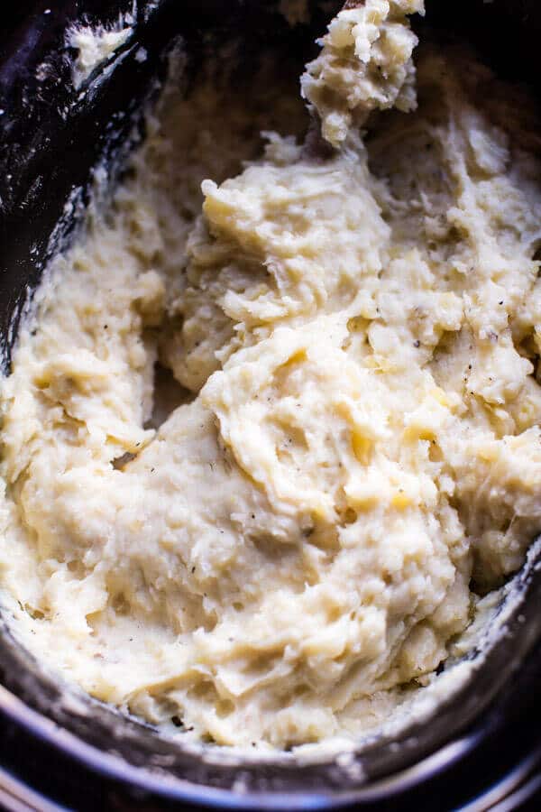 Crockpot Three Cheese Mashed Potatoes | halfbakedharvest.com @hbharvest