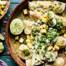 Lightened Up Salsa Verde Chicken Enchiladas with Pineapple Avocado Salsa + Video