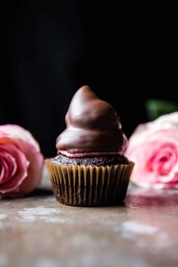 Valentine’s Surprise Chocolate High Hat Cupcakes.