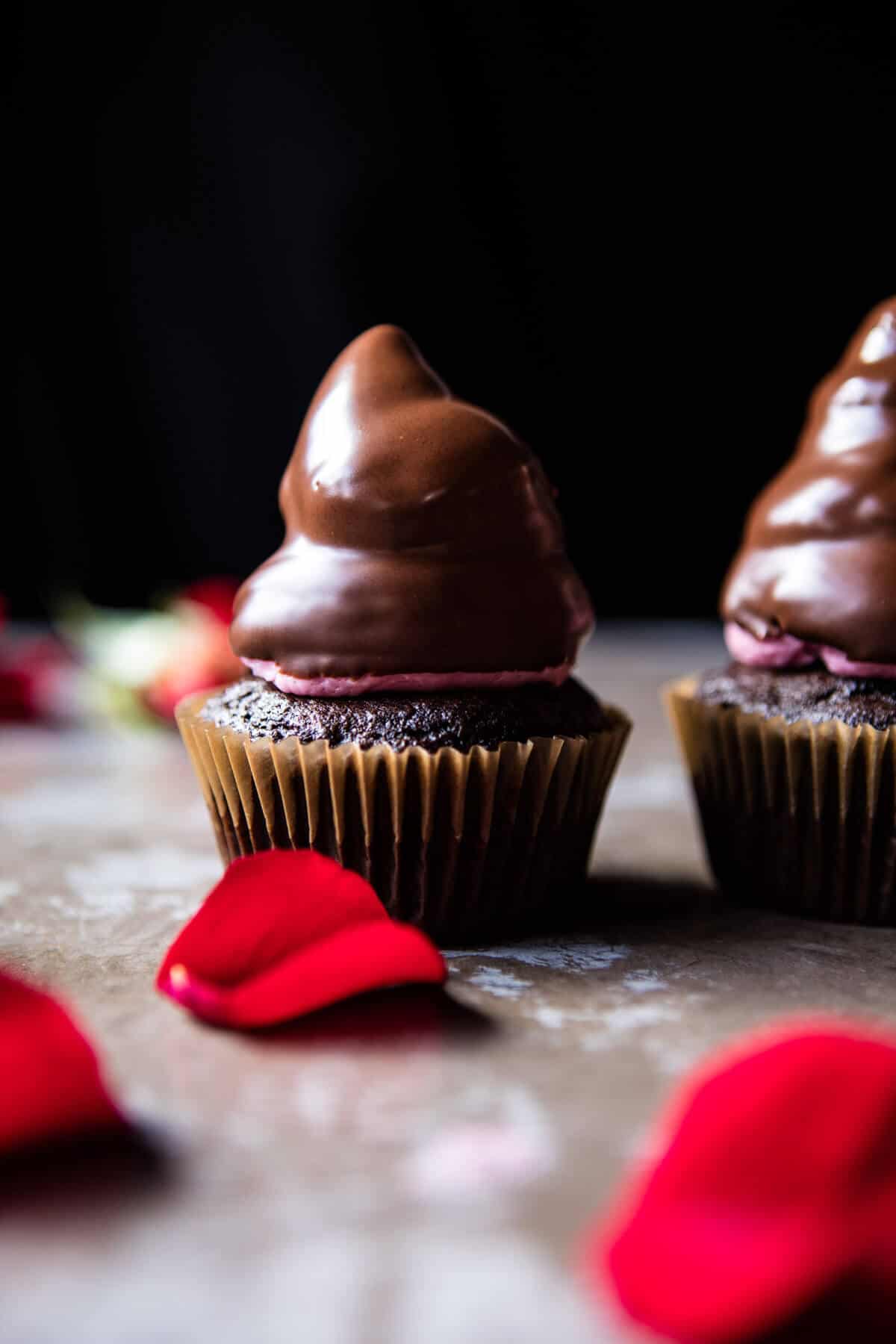 Valentine's Surprise Chocolate High Hat Cupcakes | halfbakedharvest.com @hbharvest