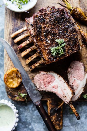 Roasted Rack of Lamb with Basil Goat Cheese Sauce.