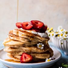Buttermilk Pancakes with Chamomile Cream and Gingered Strawberries.