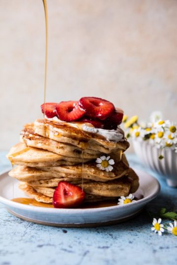 Buttermilk Pancakes with Chamomile Cream and Gingered Strawberries.