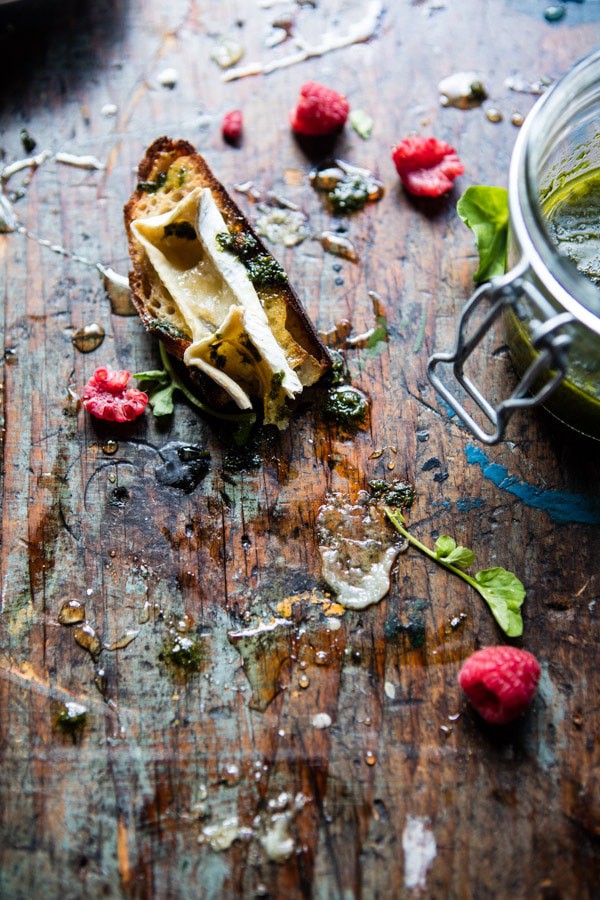 Honey Raspberry Brie Crostini with Basil Oil | halfbakedharvest.com @hbharvest