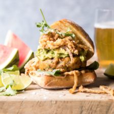 Jalapeño Cheddar Guacamole Turkey Burgers with Crispy Onions.