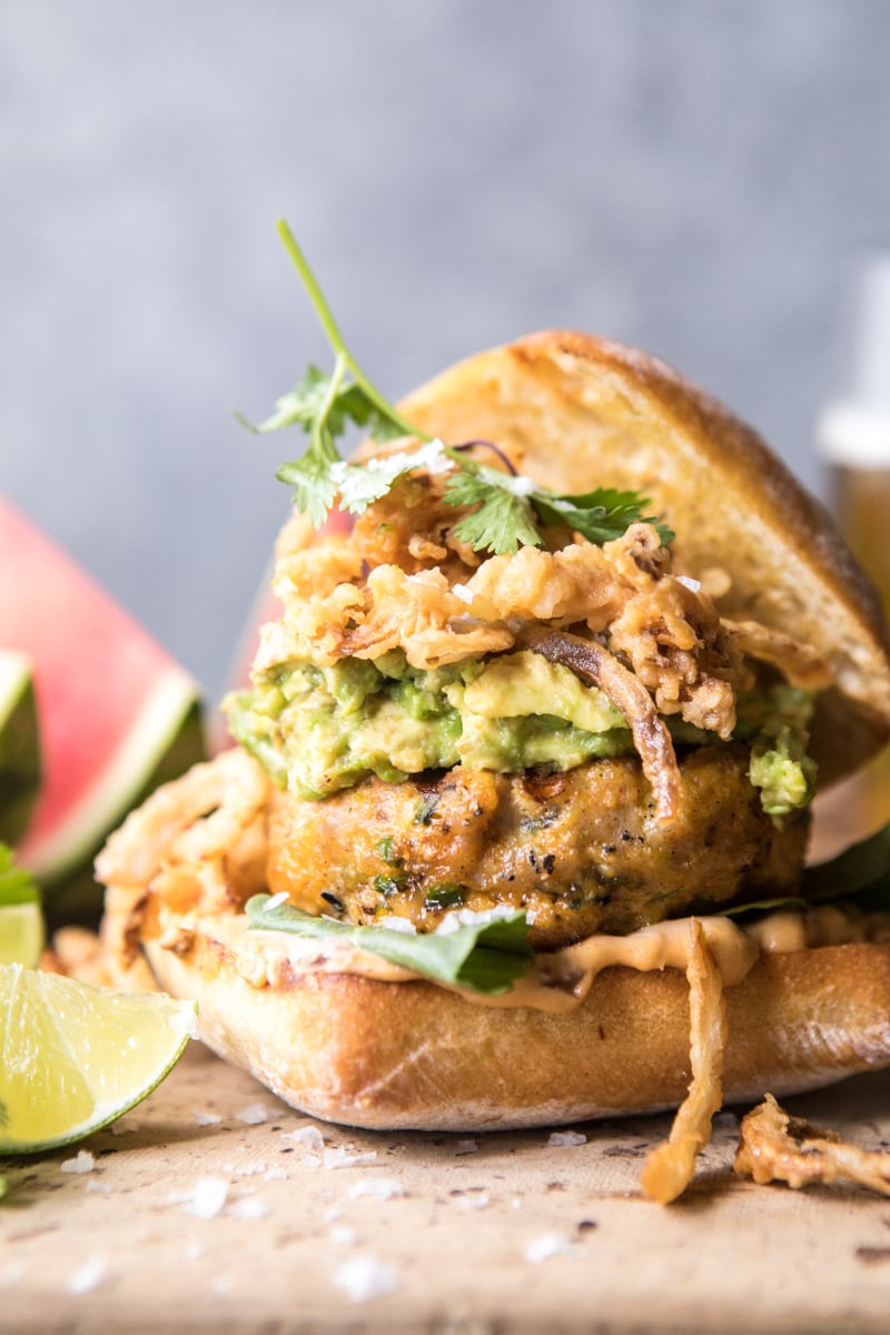 Jalapeno Cheddar Guacamole Turkey Burgers with Crispy Onions | halfbakedharvest.com @hbharvest