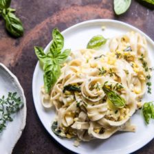 Creamed Corn Pasta with Fried Herbs.