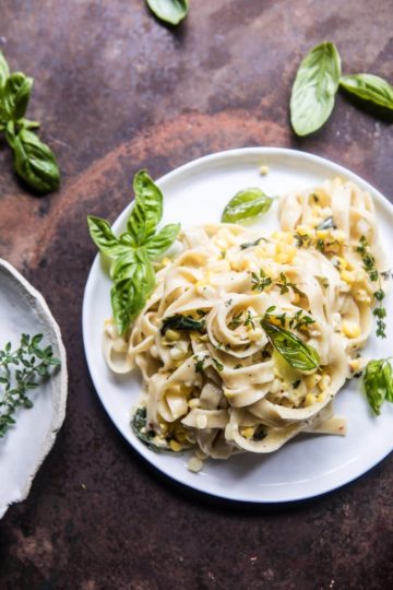 Creamed Corn Pasta with Fried Herbs.