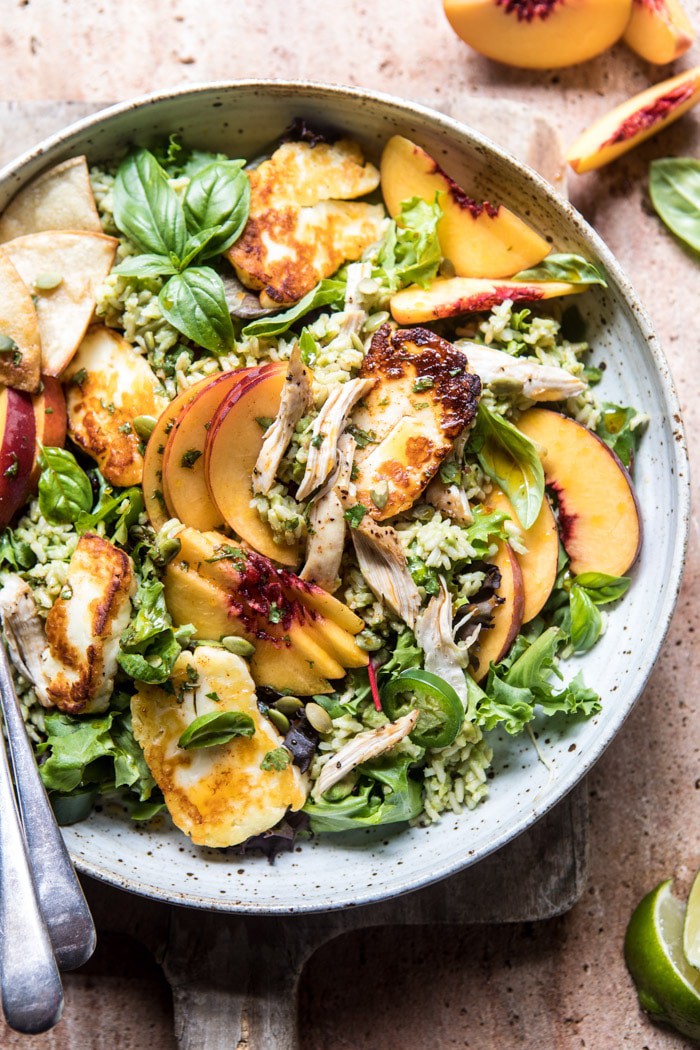 Peachy Chipotle Chicken Tortilla and Avocado Rice Salad with Fried Halloumi | halfbakedharvest.com @hbharvest