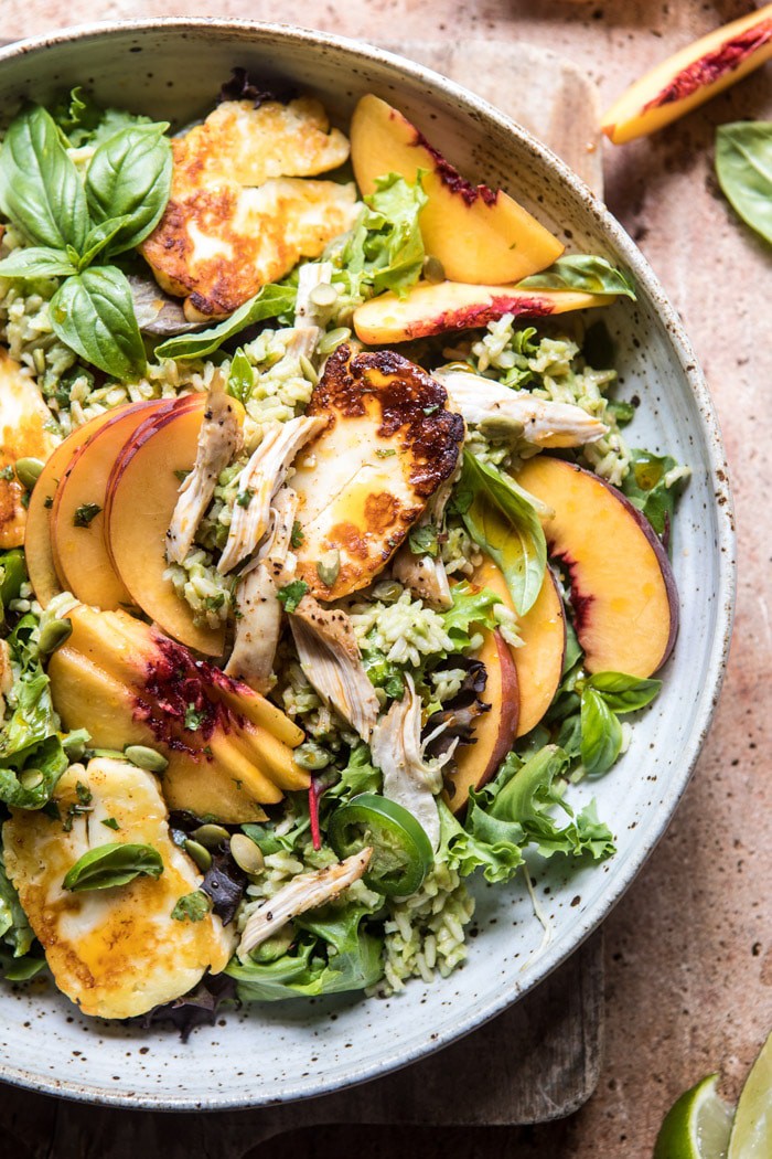 Peachy Chipotle Chicken Tortilla and Avocado Rice Salad with Pan Fried Halloumi | halfbakedharvest.com @hbharvest