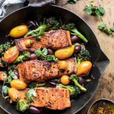 Sicilian Style Salmon with Garlic Broccoli and Tomatoes.
