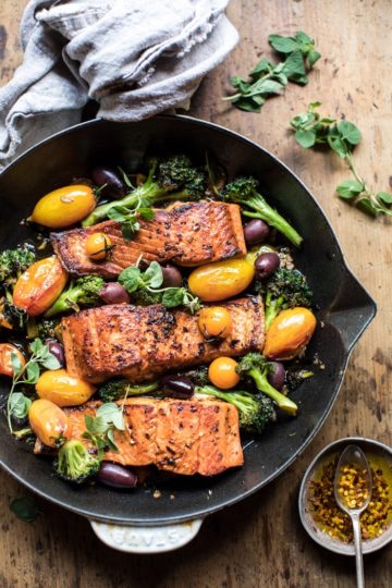 Sicilian Style Salmon with Garlic Broccoli and Tomatoes.