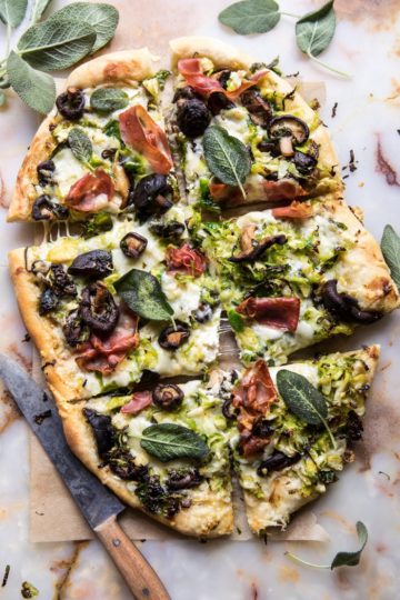 Brussels Sprout Mushroom Pizza with Crispy Prosciutto and Sage.