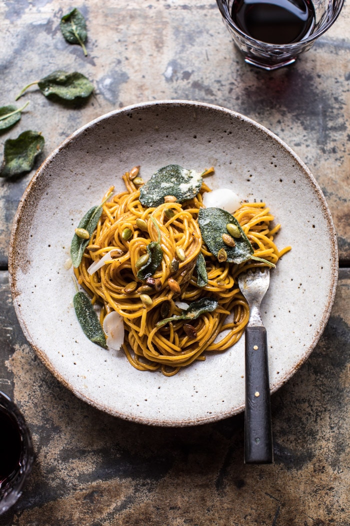 2 Ingredient Pumpkin Pasta with Balsamic Sage Brown Butter Sauce | halfbakedharvest.com @hbharvest