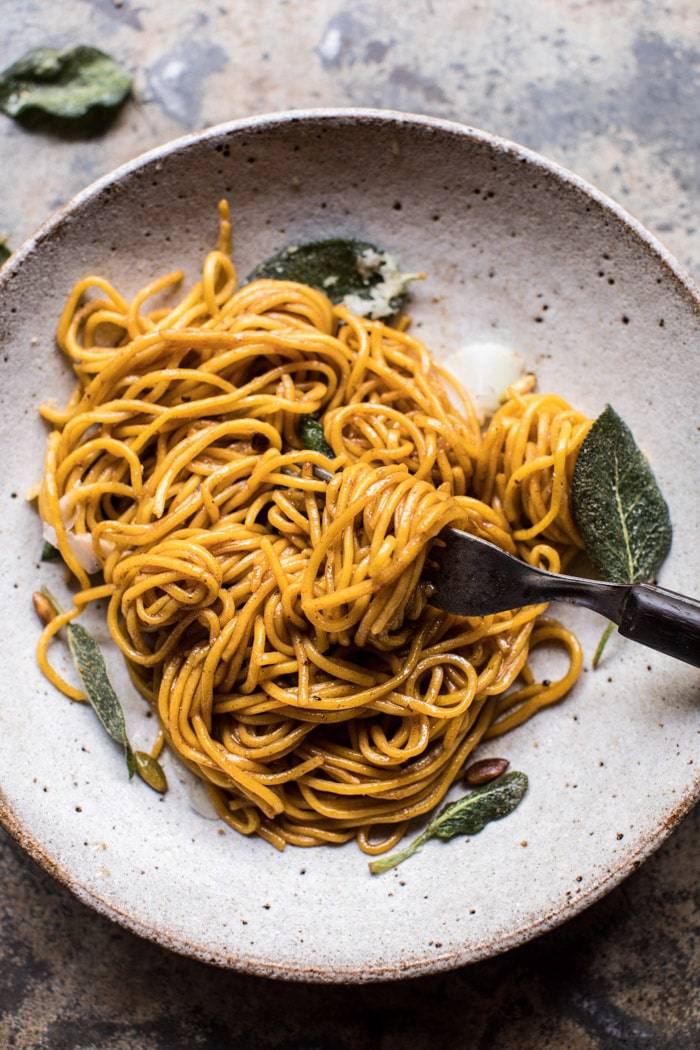 2 Ingredient Pumpkin Pasta with Balsamic Sage Brown Butter Sauce | halfbakedharvest.com @hbharvest