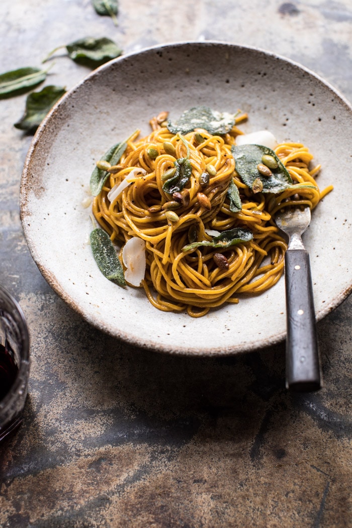 2 Ingredient Pumpkin Pasta with Balsamic Sage Brown Butter Sauce | halfbakedharvest.com @hbharvest