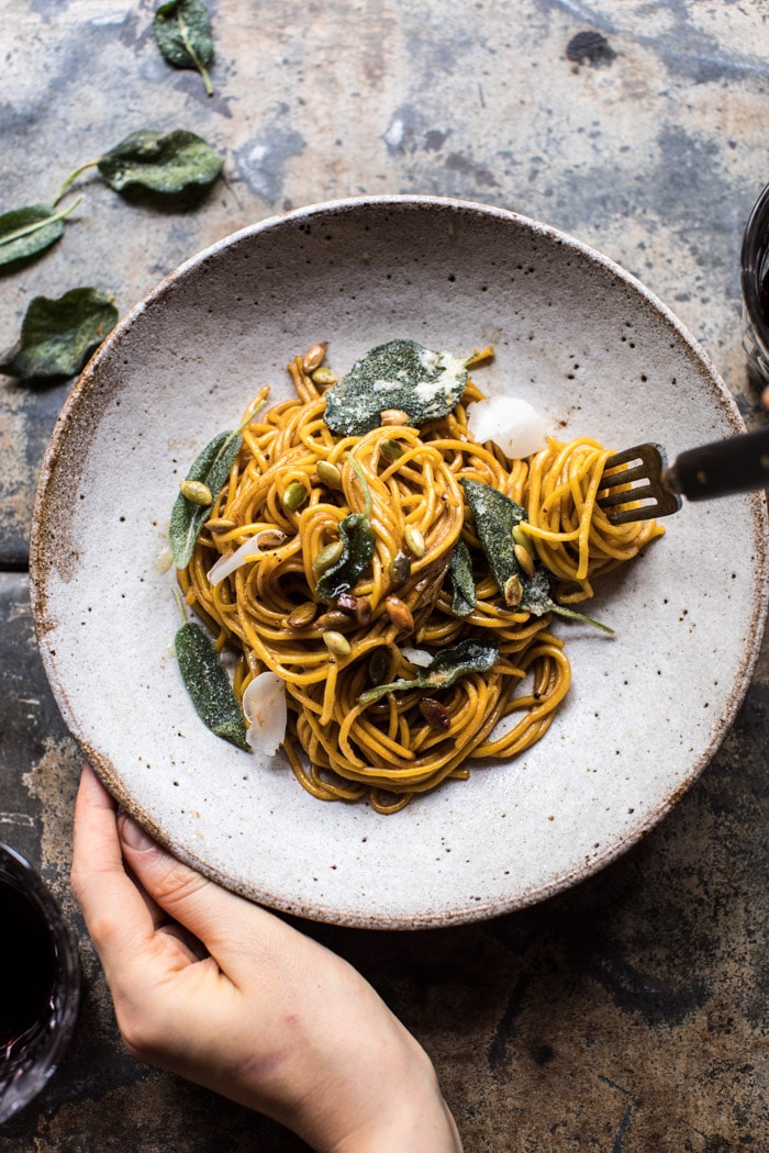 2 Ingredient Pumpkin Pasta with Balsamic Sage Brown Butter Sauce | halfbakedharvest.com @hbharvest