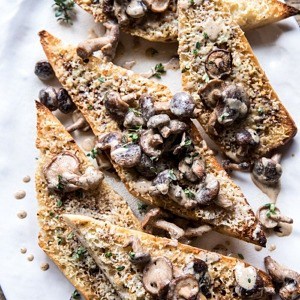 Caramelized Garlic Butter Toast with Pan Fried Mushrooms.