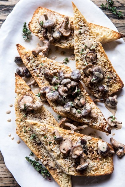 Caramelized Garlic Butter Toast with Pan Fried Mushrooms.