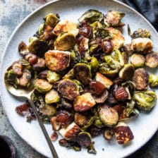 Pan Roasted Brussels Sprouts with Bacon, Dates and Halloumi.
