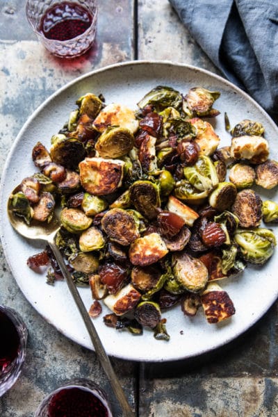 Pan Roasted Brussels Sprouts with Bacon, Dates and Halloumi.