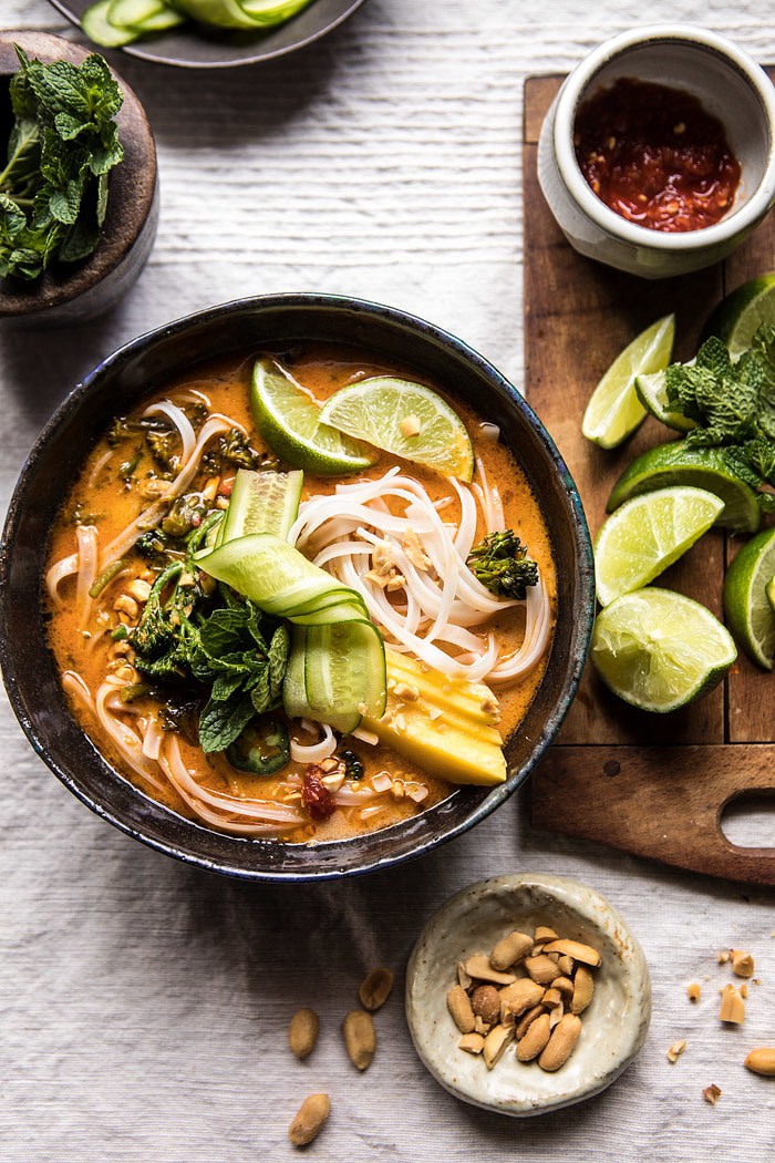 overhead photo of 20 Minute Peanut Noodle Soup with Lime Mango in bowl