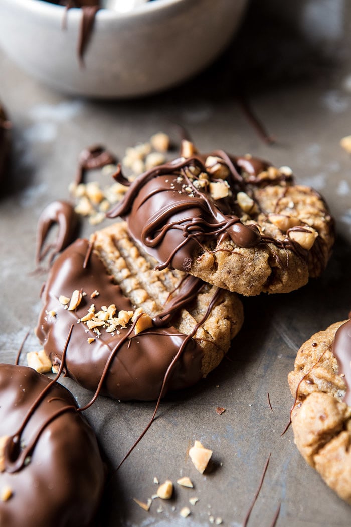 5 Ingredient Chocolate Dipped Peanut Butter Cookies | halfbakedharvest.com #healthy #cookies #dates #glutenfree
