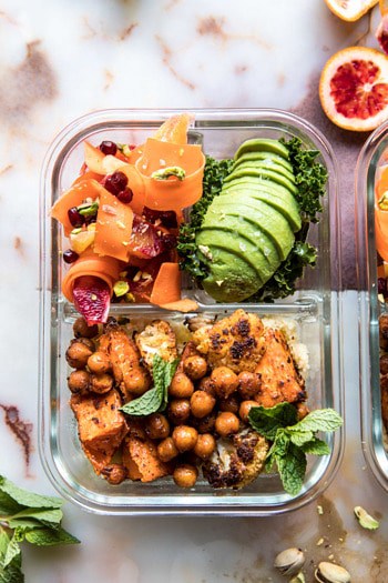 Meal Prep Moroccan Chickpea, Sweet Potato, and Cauliflower Bowls.