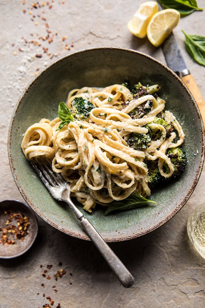 No-Guilt Broccoli Fettuccine Alfredo | halfbakedharvest.com @hbharvest #healthy #pasta #Italian #hummus