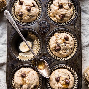 Vegan Whole Wheat Chocolate Chip Banana Bread Muffins | halfbakedharvest.com #vegan #chocolate #muffin #dessert