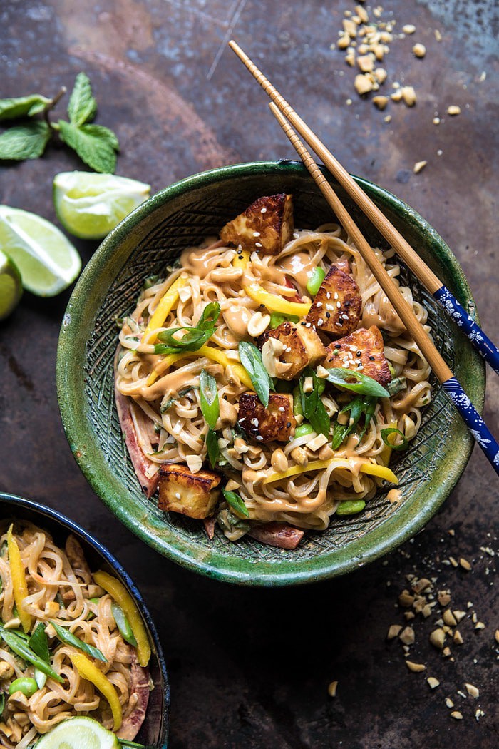 Better Than Takeout 20 Minute Peanut Noodles with Sesame Halloumi | halfbakedharvest.com #quick #easy #noodles #Thai #recipes