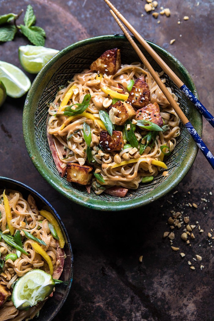 Better Than Takeout 20 Minute Peanut Noodles with Sesame Halloumi | halfbakedharvest.com #quick #easy #noodles #Thai #recipes