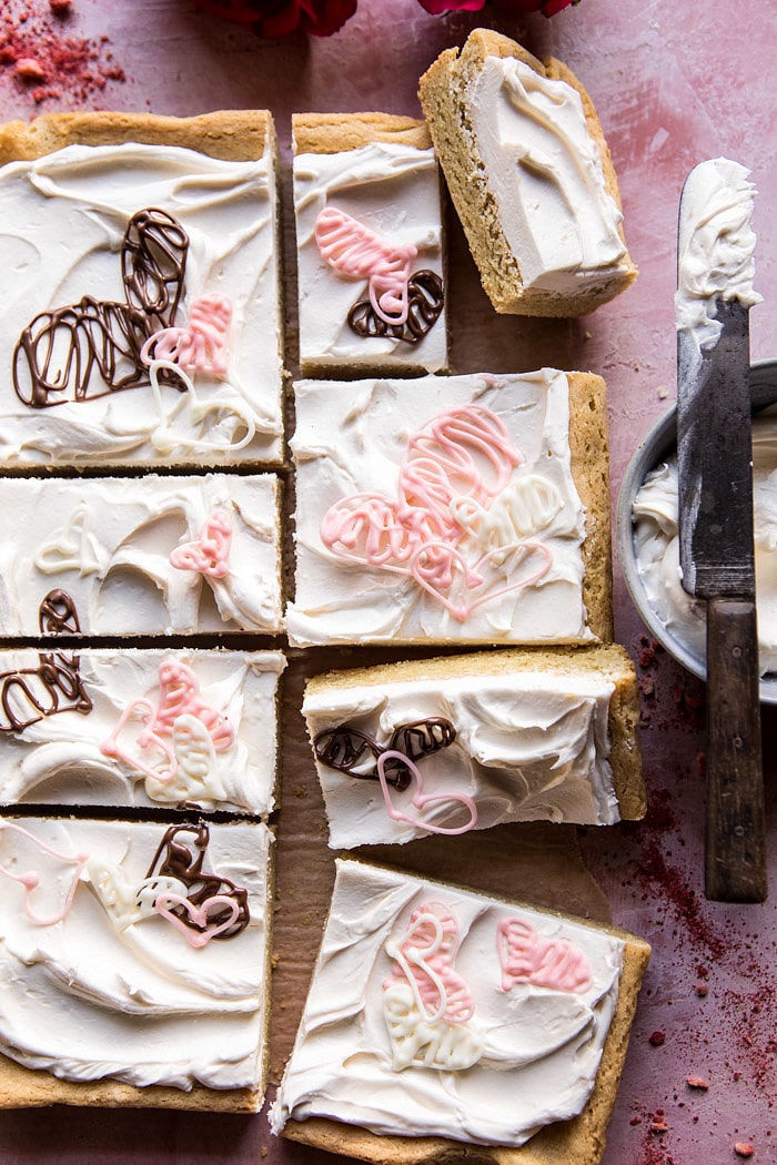 Browned Butter Sugar Cookie Bars with White Chocolate Frosting | halfbakedharvest.com #valentinesday #cookies #recipe #easy