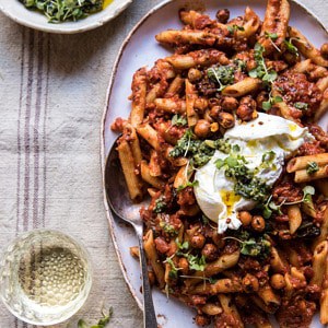 Easiest Tomato Basil Penne with Spicy Italian Chickpeas.