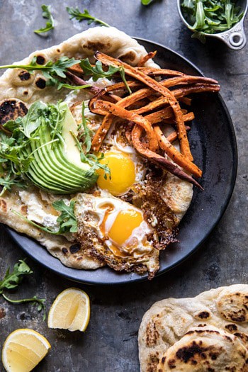Ricotta Naan with Fried Eggs and Sweet Potato Fries.