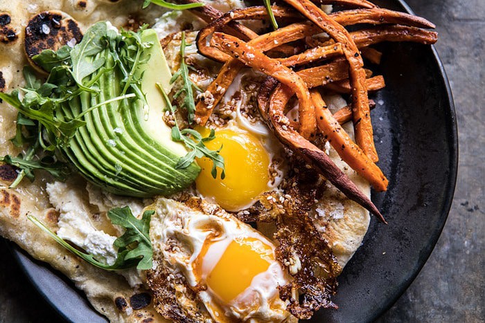 Ricotta Naan with Fried Egg and Sweet Potato Fries | halfbakedharvest.com #brunch #recipes #healthy