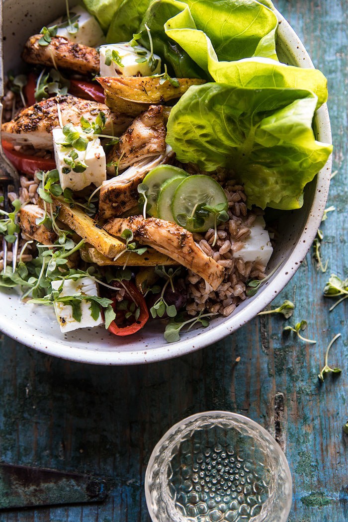 Roasted Greek Chicken and Farro Salad with Oven Fries #healthy #salad #Greek #chicken #easy
