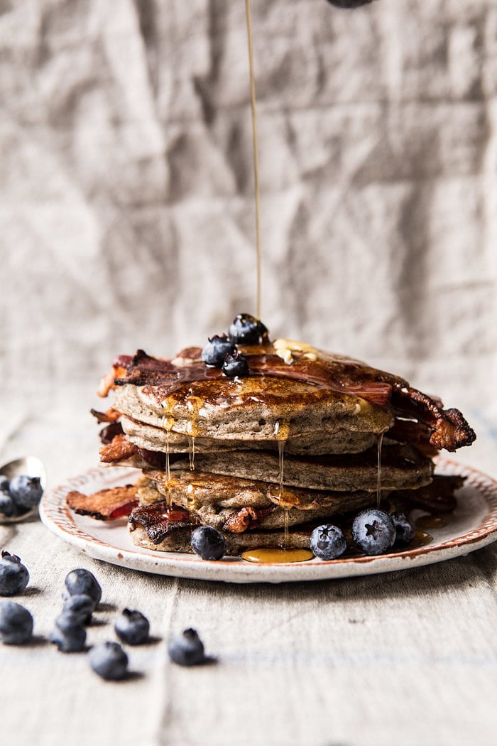 Rye Bacon Pancakes with Blueberries | halfbakedharvest.com #pancakes #brunch #bacon #recipes