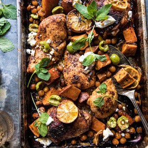 Sheet Pan Harissa Chicken with Chickpeas and Sweet Potatoes.
