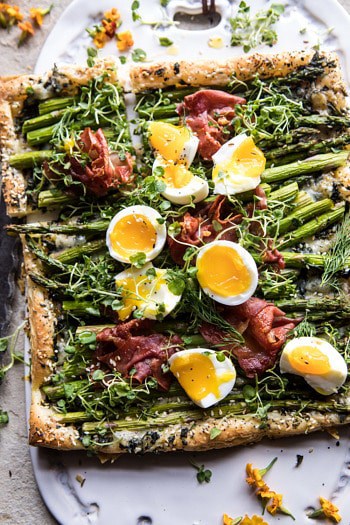 Asparagus, Egg, and Prosciutto Tart with Everything Spice.