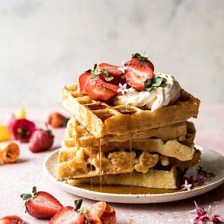 Overnight Waffles with Whipped Meyer Lemon Cream and Strawberries.